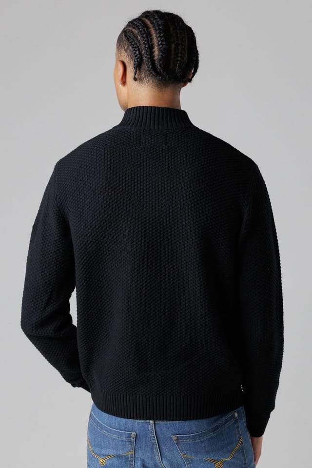 Firetrap Firetrap Men's Cotton Rich Waffle Knit Funnel Neck Jumper with Buttons in Black - 2