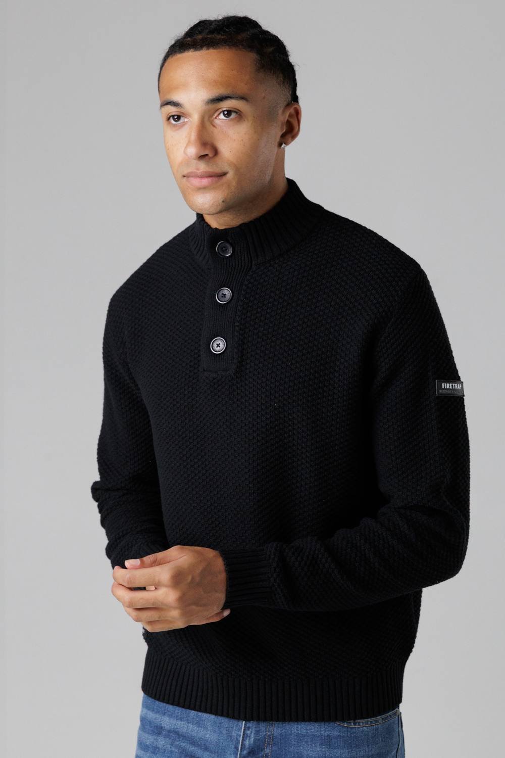 Firetrap Firetrap Men's Cotton Rich Waffle Knit Funnel Neck Jumper with Buttons in Black - 3