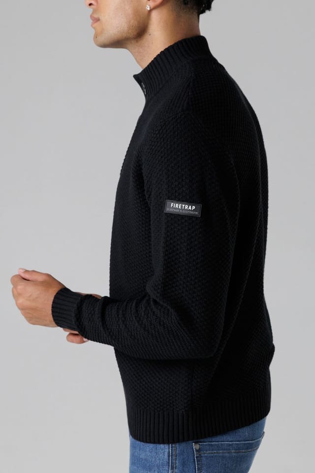 Firetrap Firetrap Men's Cotton Rich Waffle Knit Funnel Neck Jumper with Buttons in Black - 3