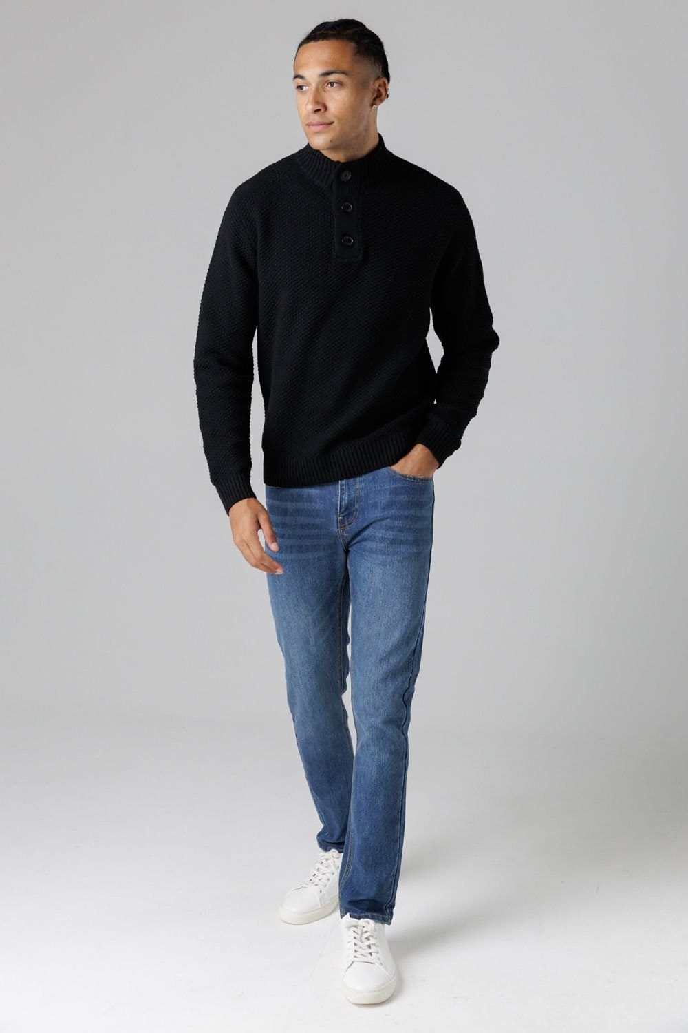 Firetrap Firetrap Men's Cotton Rich Waffle Knit Funnel Neck Jumper with Buttons in Black - 4