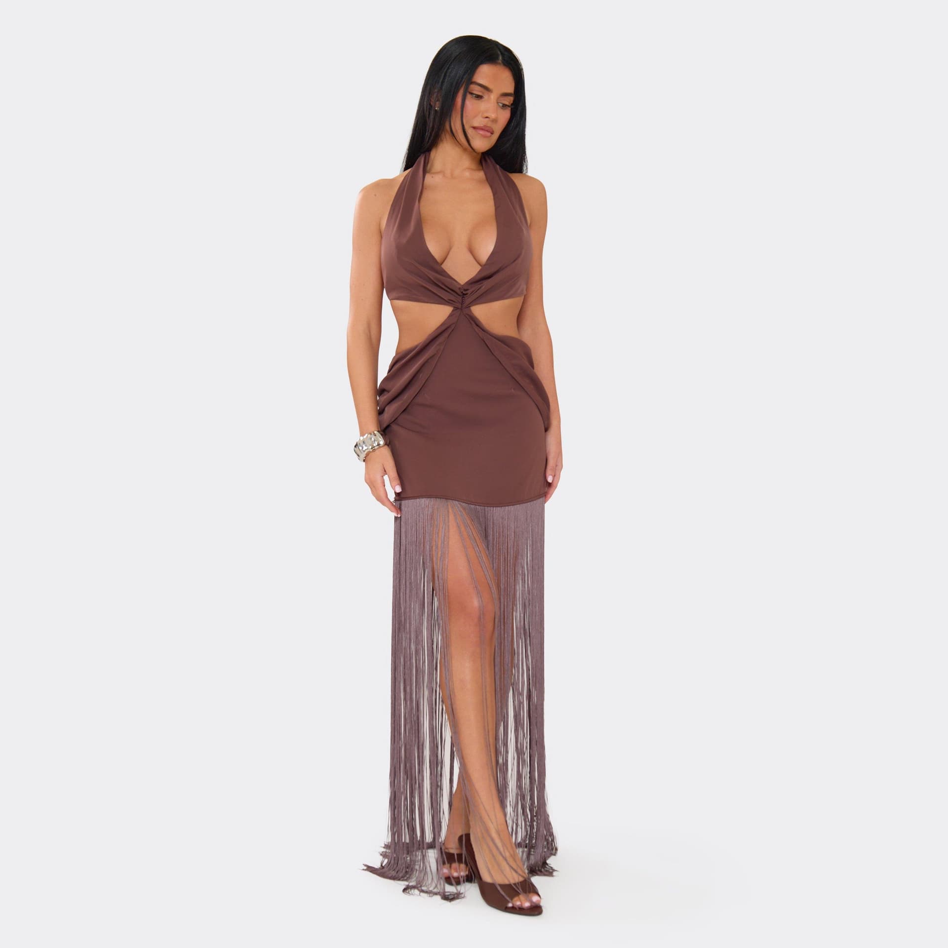 EGO Halterneck Cut Out Tassel Hem Maxi Dress In Brown, Women's Size UK 6