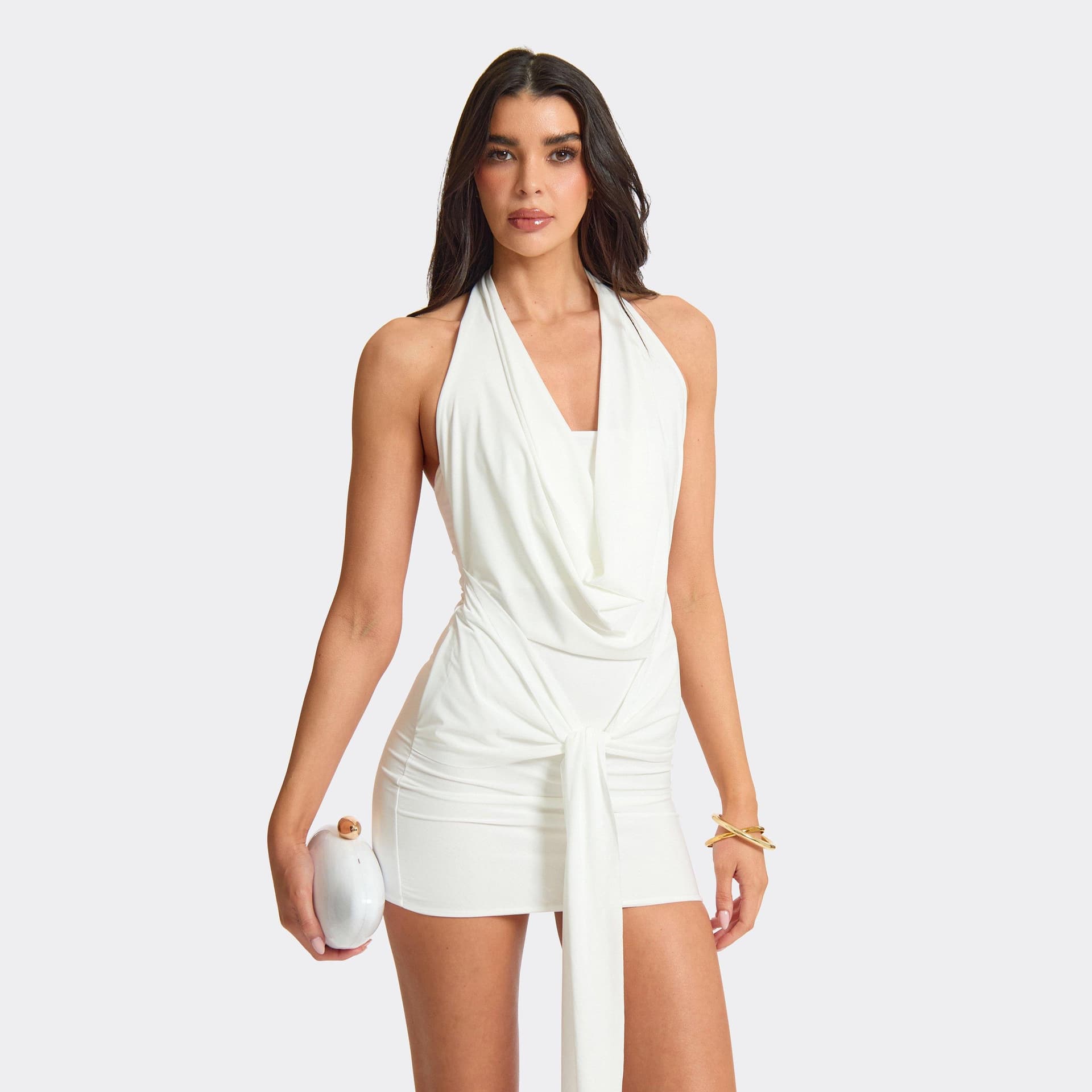 EGO Halterneck Cowl Front Draped Detail Mini Dress In White, Women's Size UK 6