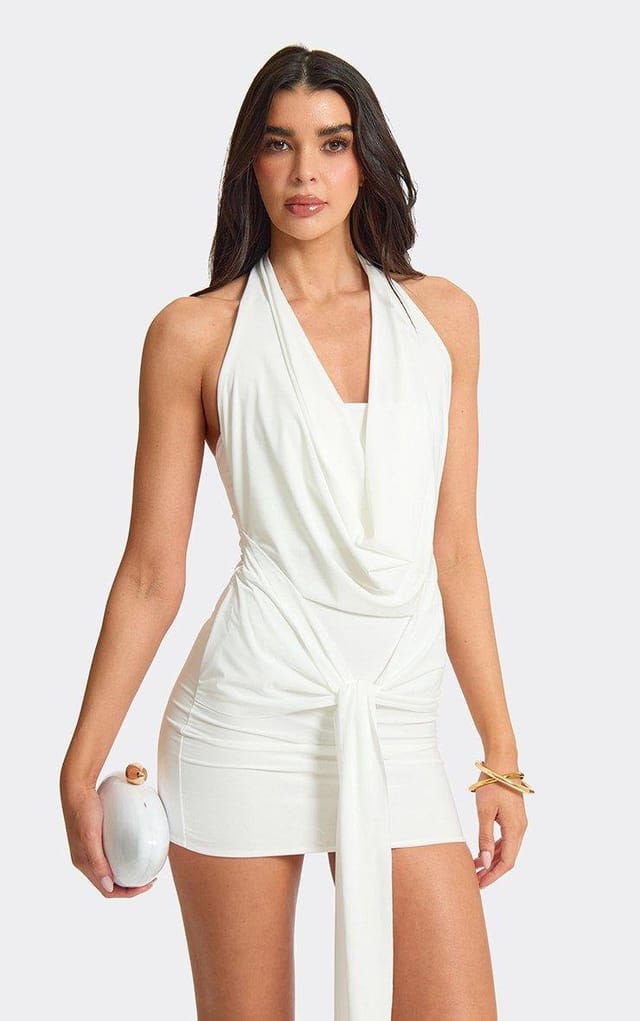 EGO Halterneck Cowl Front Draped Detail Mini Dress In White, Women's Size UK 6 - 2