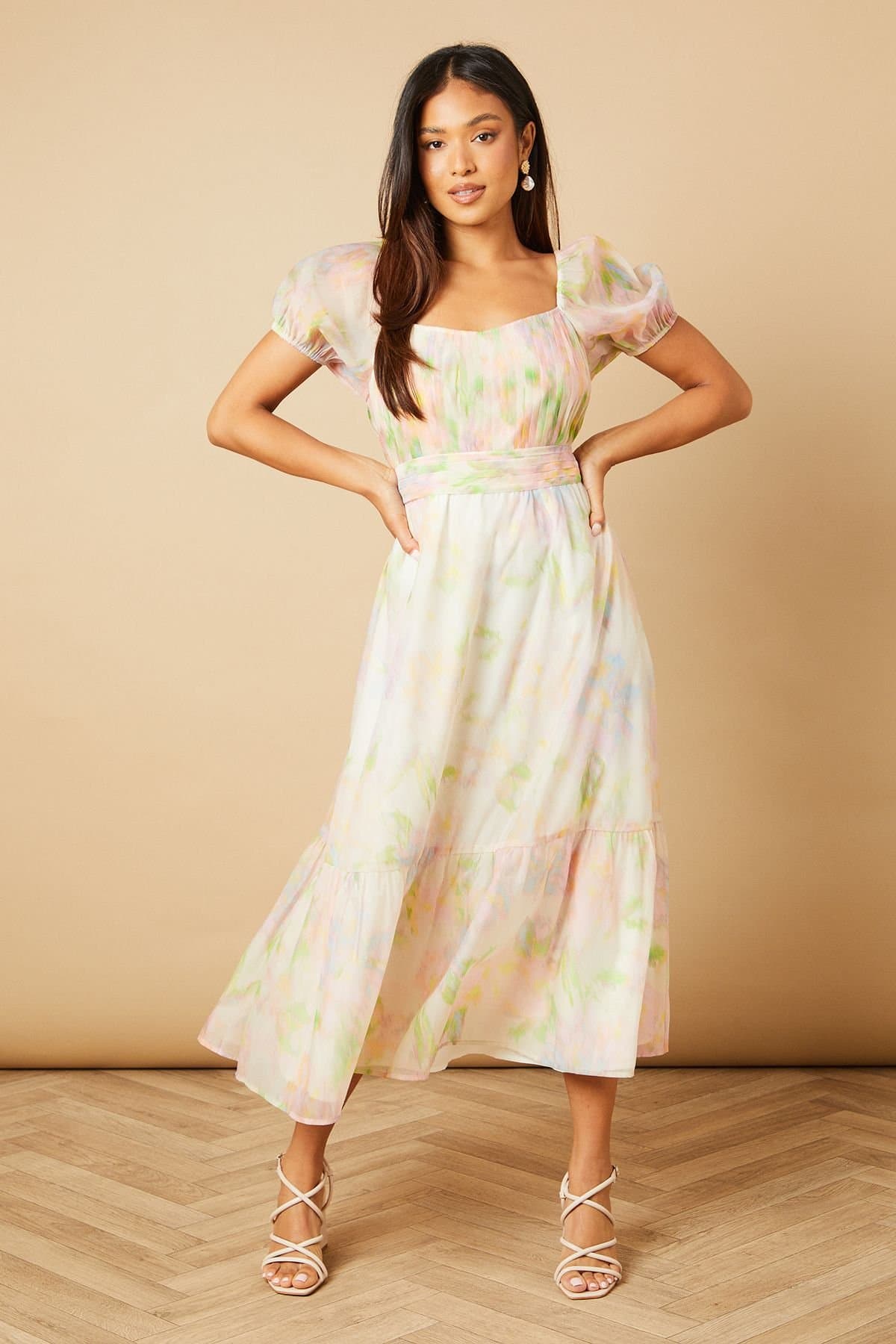 Oasis Oasis Women's Petite Ruched Bust Organza Tiered Midi Dress in Blush