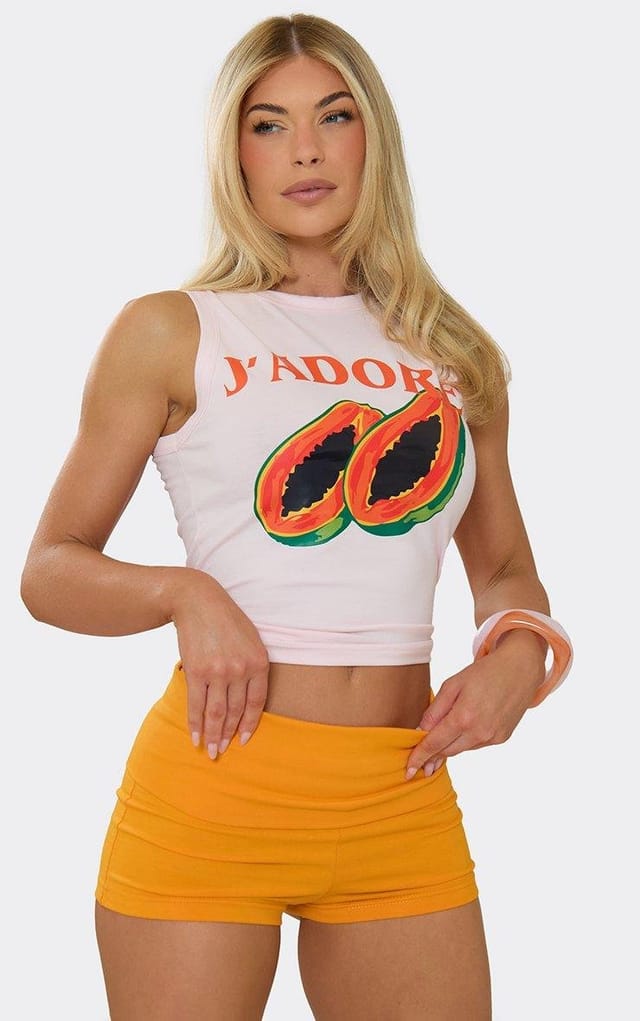 EGO Sleeveless J'Adore Logo Fruit Print Vest Top In Light Pink, Women's Size UK 6 - 2