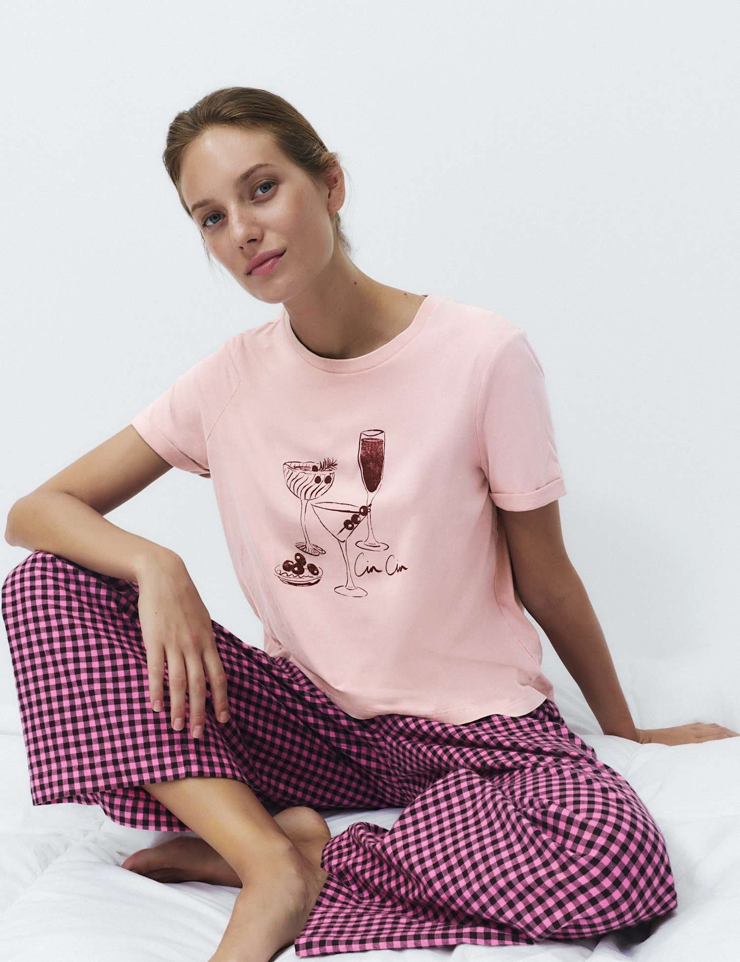 Marks & Spencer M&S Pure Cotton Printed Pyjama Top Pale Rose