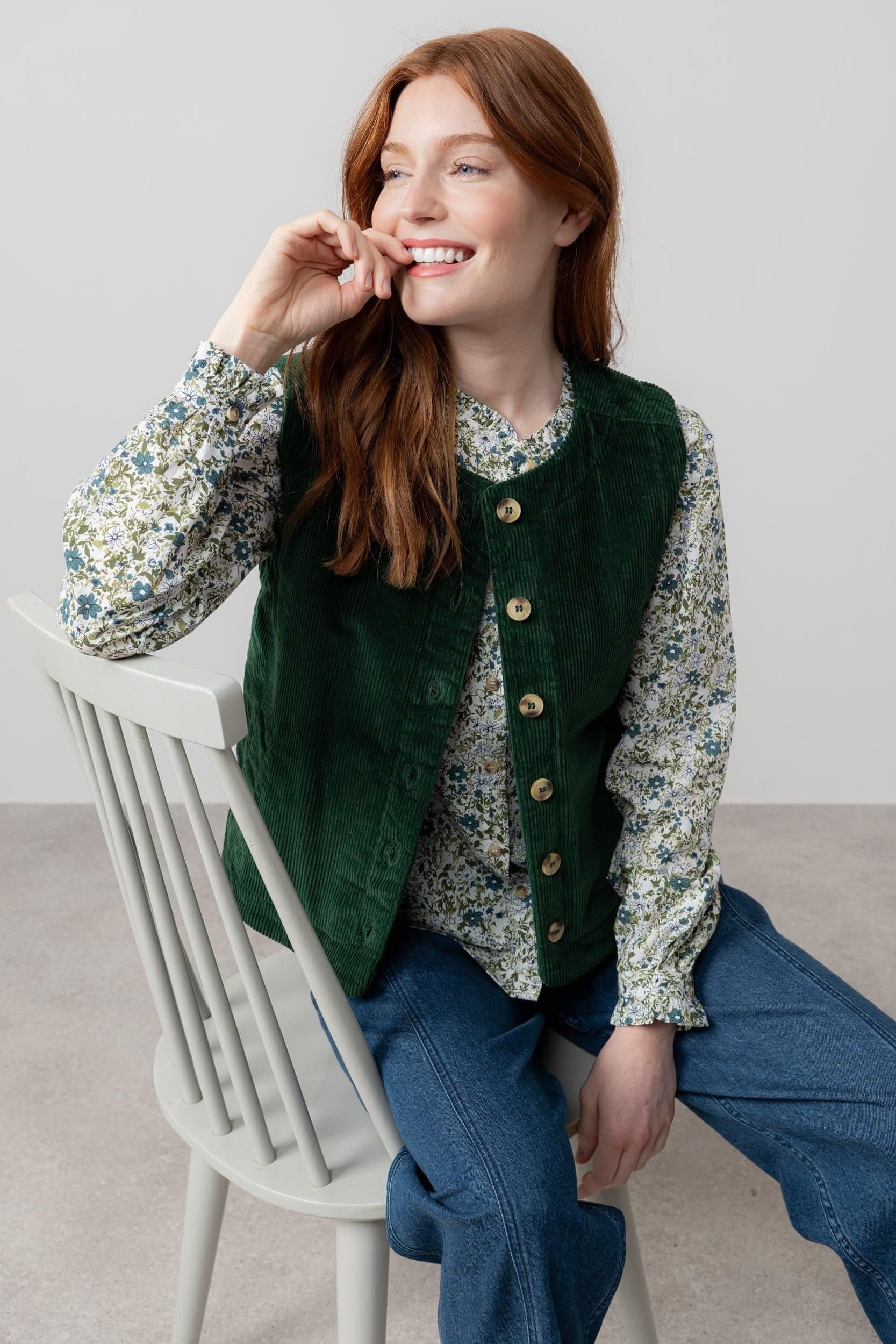 Lily & Me Lily & Me Women's Dusk Stretch Cotton Lined Jumbo Cord Gilet with Mock horn buttons in Dark Green