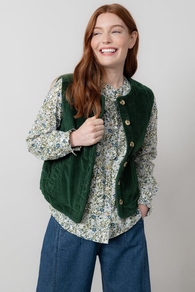 Lily & Me Lily & Me Women's Dusk Stretch Cotton Lined Jumbo Cord Gilet with Mock horn buttons in Dark Green - 2
