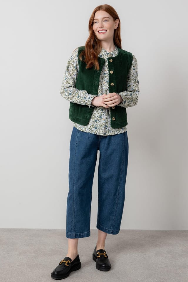 Lily & Me Lily & Me Women's Dusk Stretch Cotton Lined Jumbo Cord Gilet with Mock horn buttons in Dark Green - 3