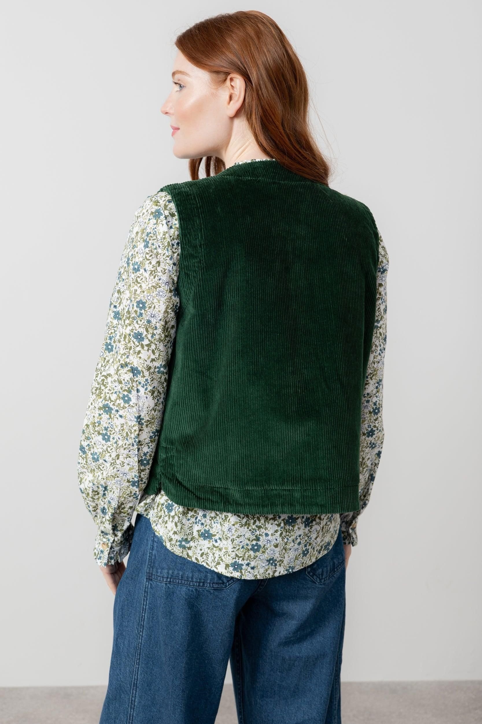 Lily & Me Lily & Me Women's Dusk Stretch Cotton Lined Jumbo Cord Gilet with Mock horn buttons in Dark Green - 4