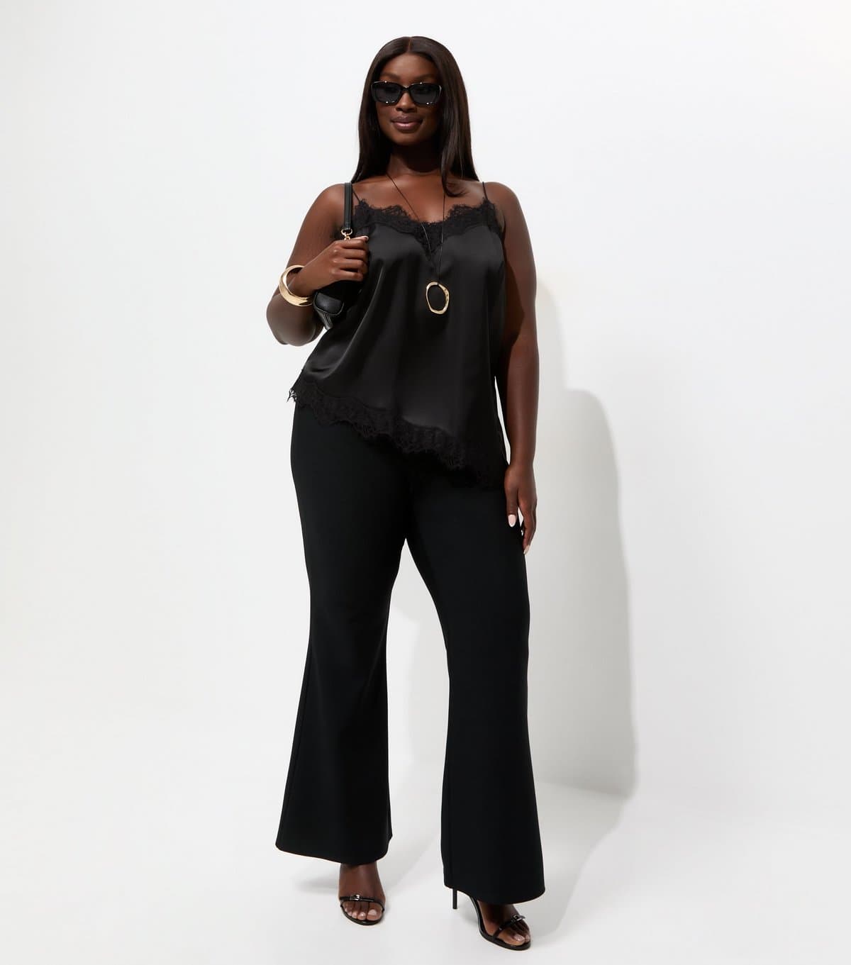 New Look Women's Plus Size Black Ribbed Flared Trousers Curves New Look