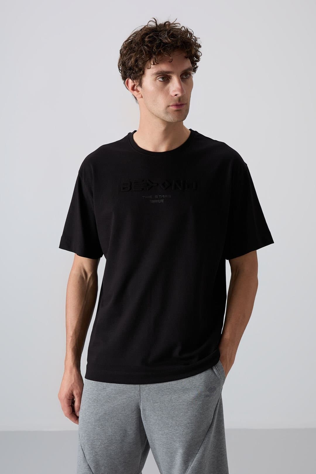 Tommy Life Tommy Life Men's Oversized Cotton-Polyester Logo T-Shirt in Black