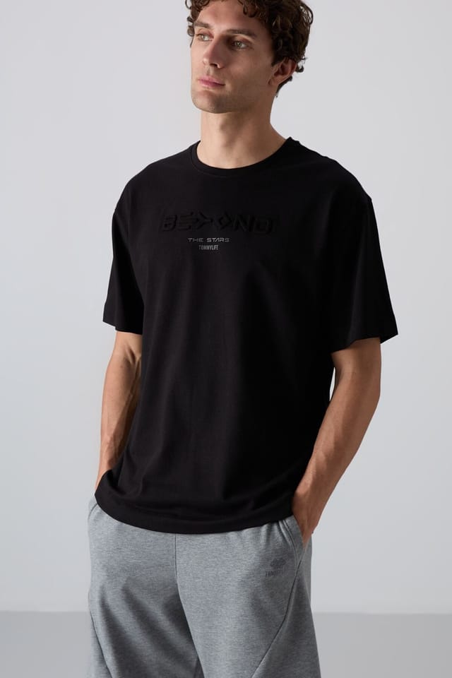 Tommy Life Tommy Life Men's Oversized Cotton-Polyester Logo T-Shirt in Black - 2