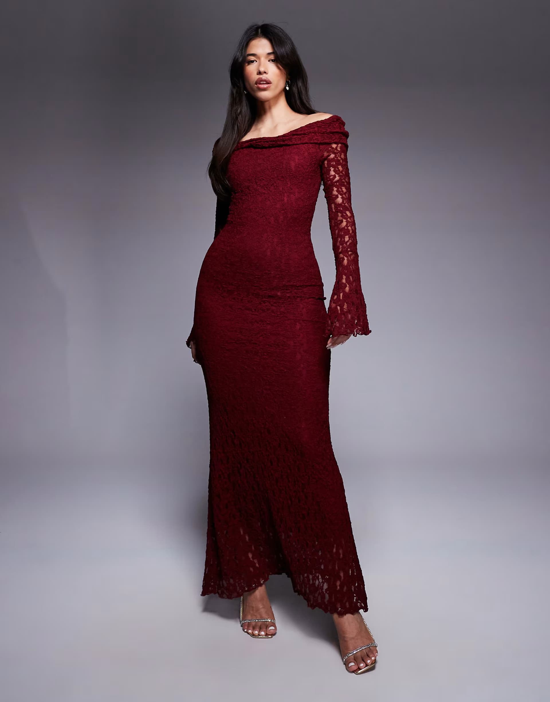ASOS ASOS DESIGN textured lace bardot maxi dress in dark cherry