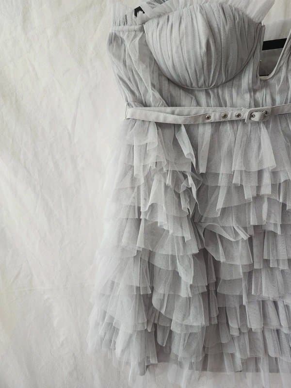 ASOS ASOS Luxe Strapless Corset Tulle Ruffle Mini Dress with Belt in grey.