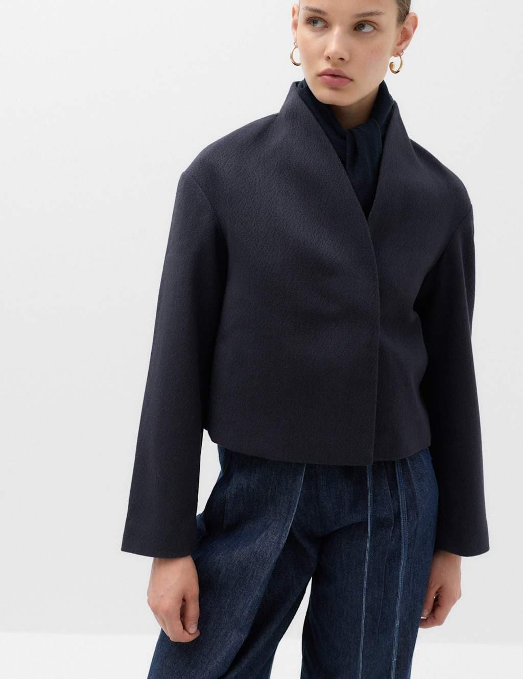 Marks & Spencer M&S Textured Wrap Collar Short Jacket Navy