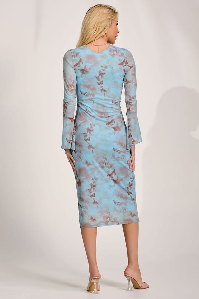 Jolie Moi Jolie Moi Women's Long Sleeve Mesh Bodycon Dress in Light Blue - 2