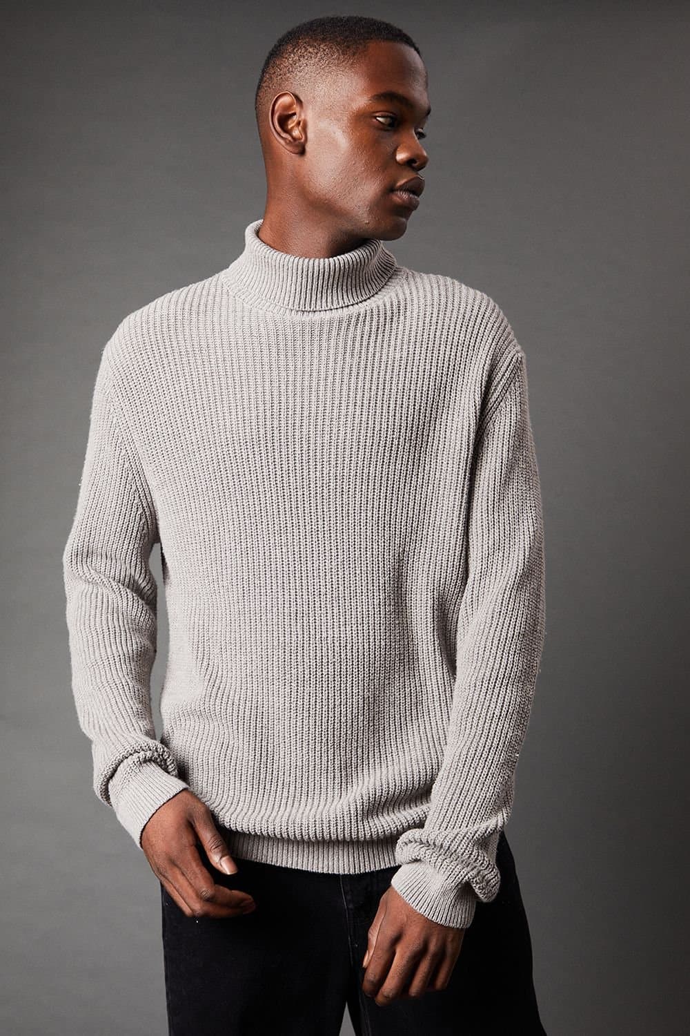 Burton Burton Men's Cotton Rich Ribbed Roll Neck Jumper in Mid Grey