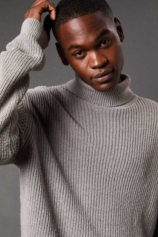 Burton Burton Men's Cotton Rich Ribbed Roll Neck Jumper in Mid Grey - 2