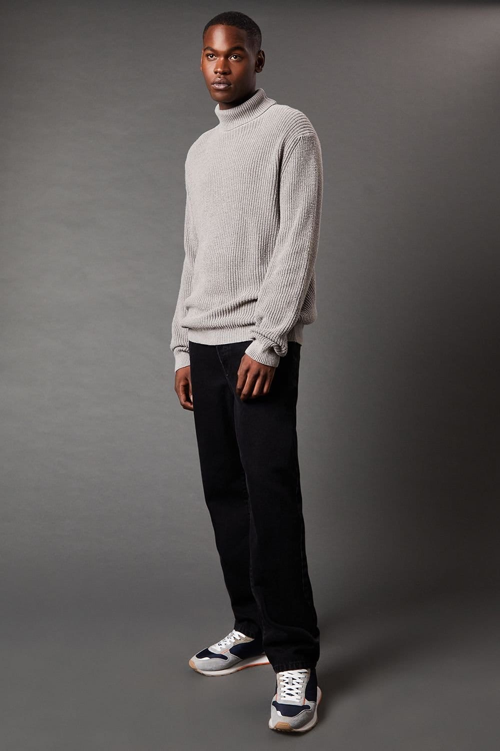 Burton Burton Men's Cotton Rich Ribbed Roll Neck Jumper in Mid Grey - 4