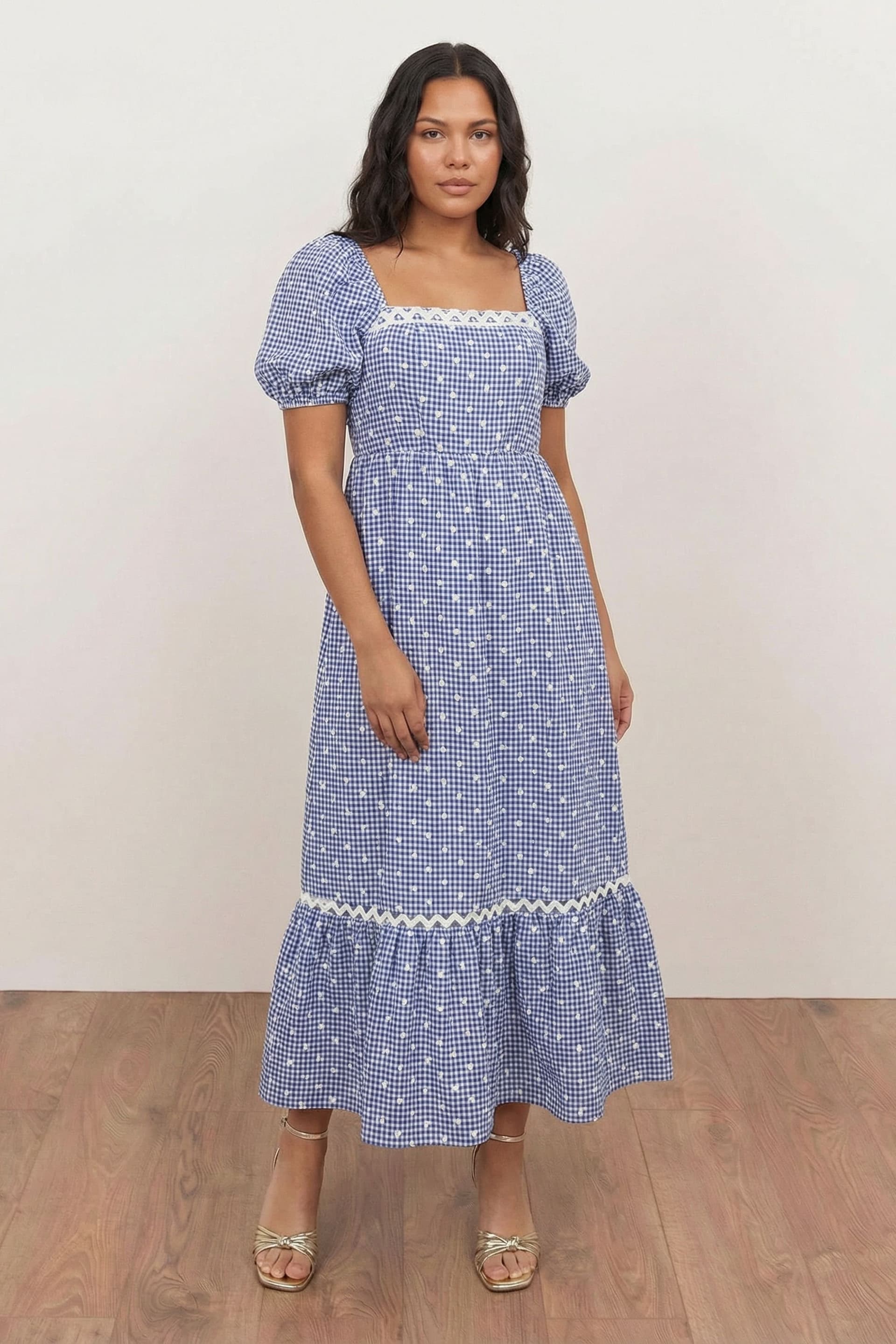 Lovedrobe Lovedrobe Women's Gingham & Polka Dot Short Sleeve Midaxi Dress in Blue