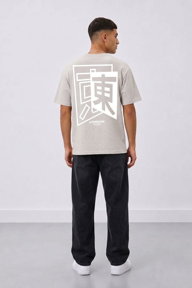 LONDON ATTITUDE LONDON ATTITUDE Men's Japanese Inspired Premium Cotton Relaxed Fit T-Shirt in Light Grey - 3