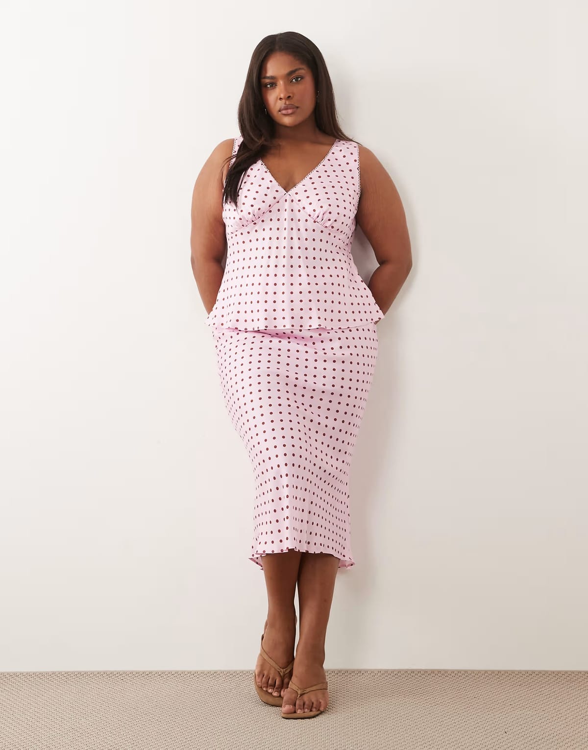 ASOS Nobody's Child Plus elasticated waist mid rise midi skirt co-ord in pink polka dot - 1