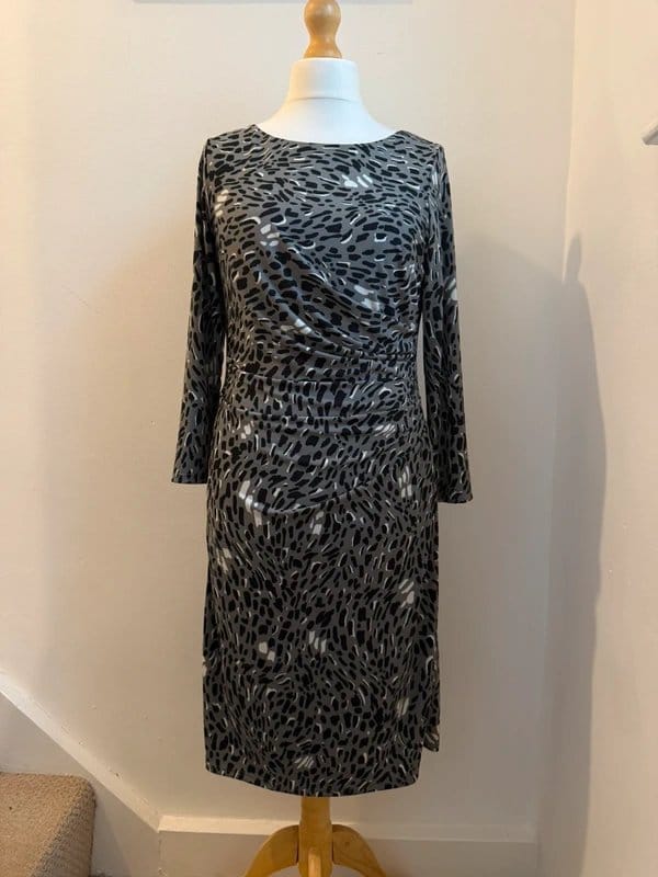 Paraphrase Grey Animal Print Ruched Midi Dress