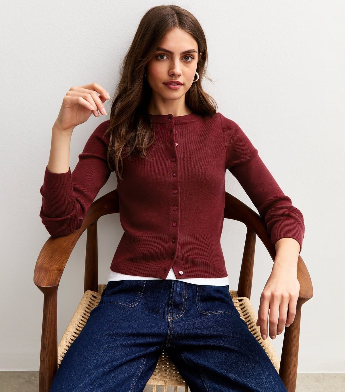 New Look Women's Dark Red Compact Knit Crew Neck Cardigan New Look