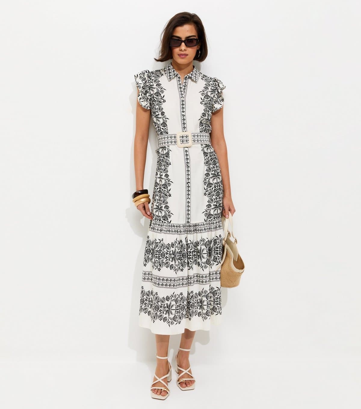 New Look Women's Cream Floral Border Print Buckle Detail Shirt Dress New Look