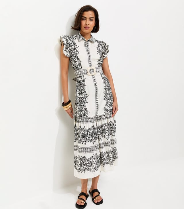 New Look Women's Cream Floral Border Print Buckle Detail Shirt Dress New Look - 3