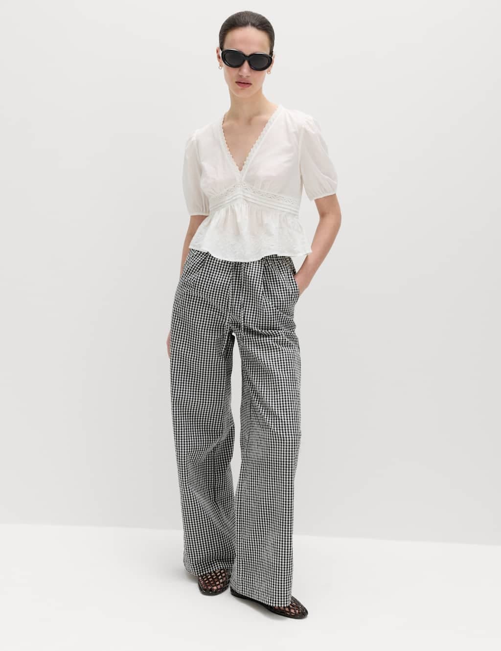 Marks & Spencer M&S Modal Blend Gingham Wide Leg Trousers Black Mix