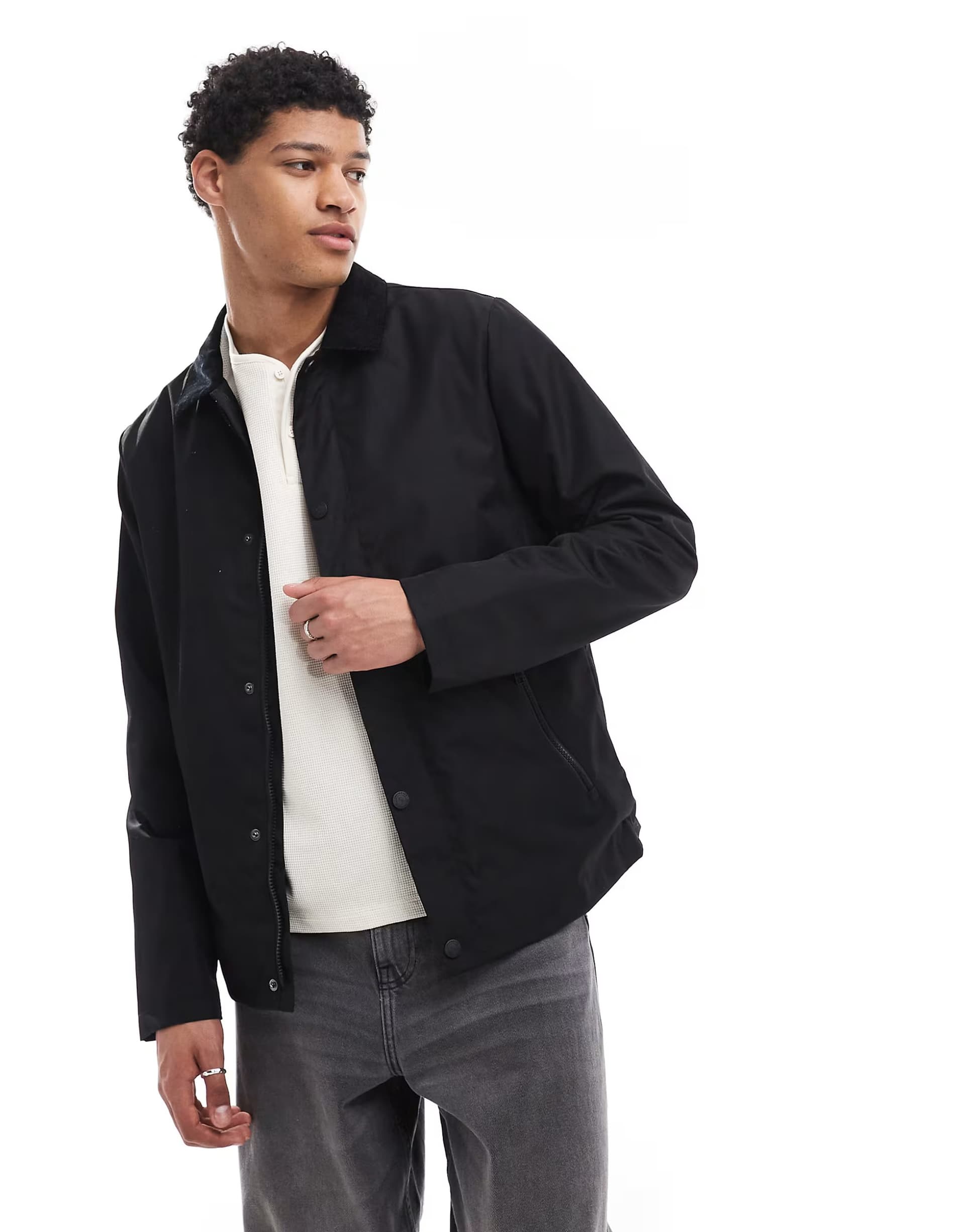ASOS Threadbare Showerproof corduroy collar jacket in black