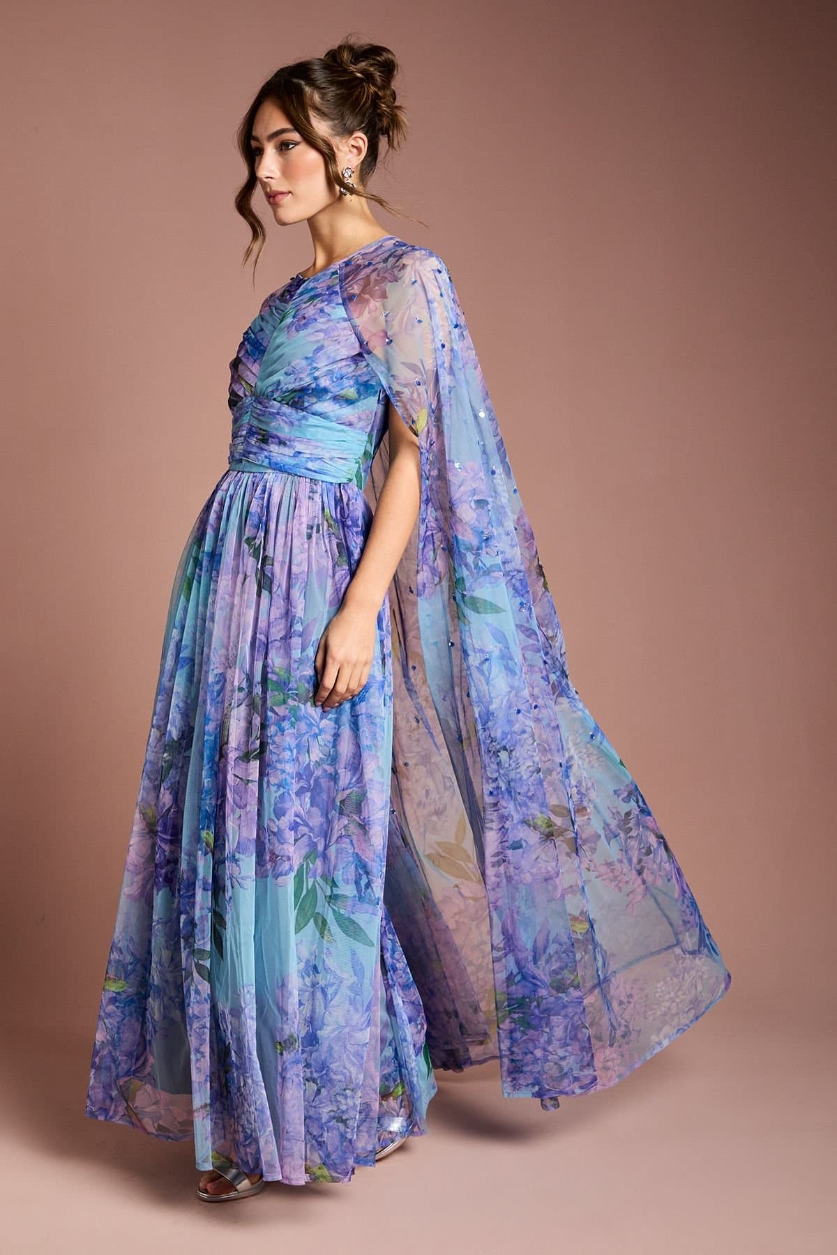 Coast Coast Women's Pleated Mesh Printed Cape Maxi dress With Gemstone in Blue