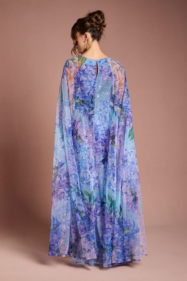 Coast Coast Women's Pleated Mesh Printed Cape Maxi dress With Gemstone in Blue - 3