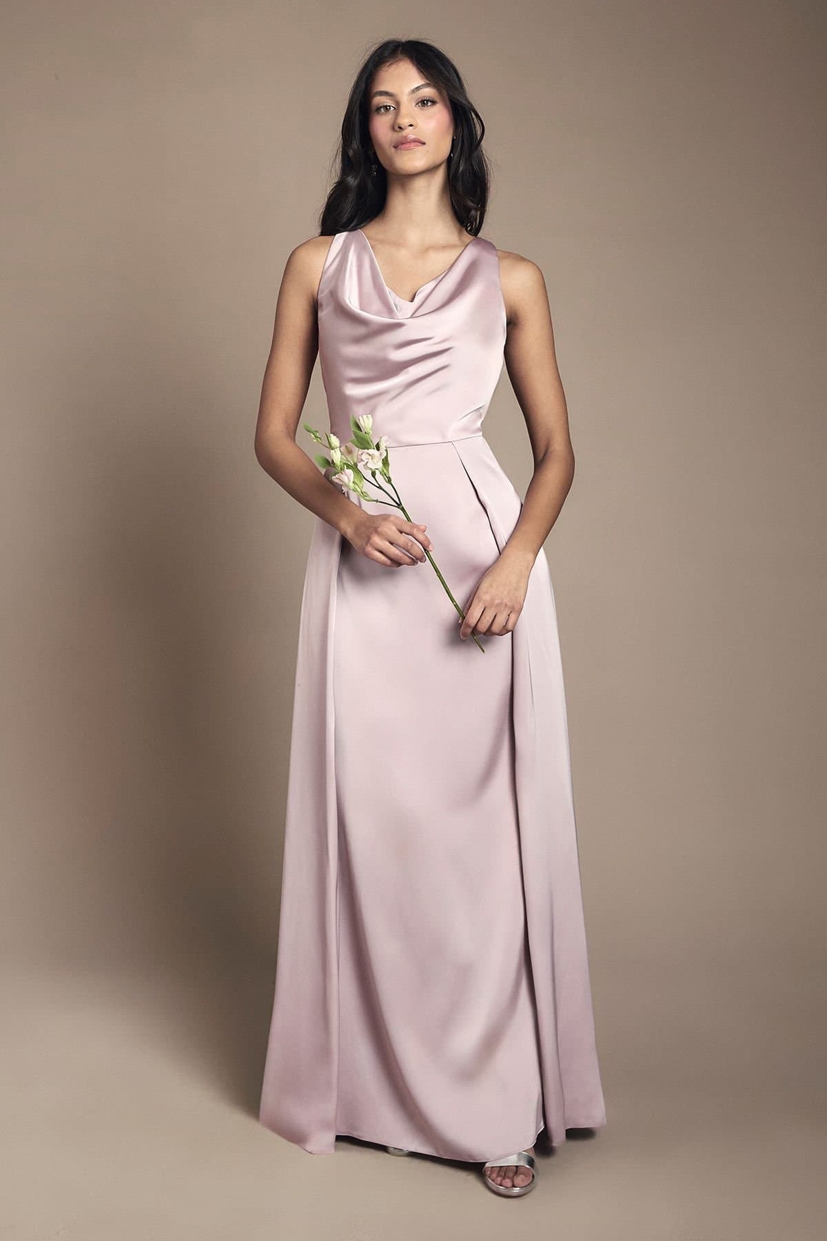 Coast Coast Women's Honoured Petite Sleeveless Cowl Neck Satin Maxi Bridesmaid Dress in Dusty Rose