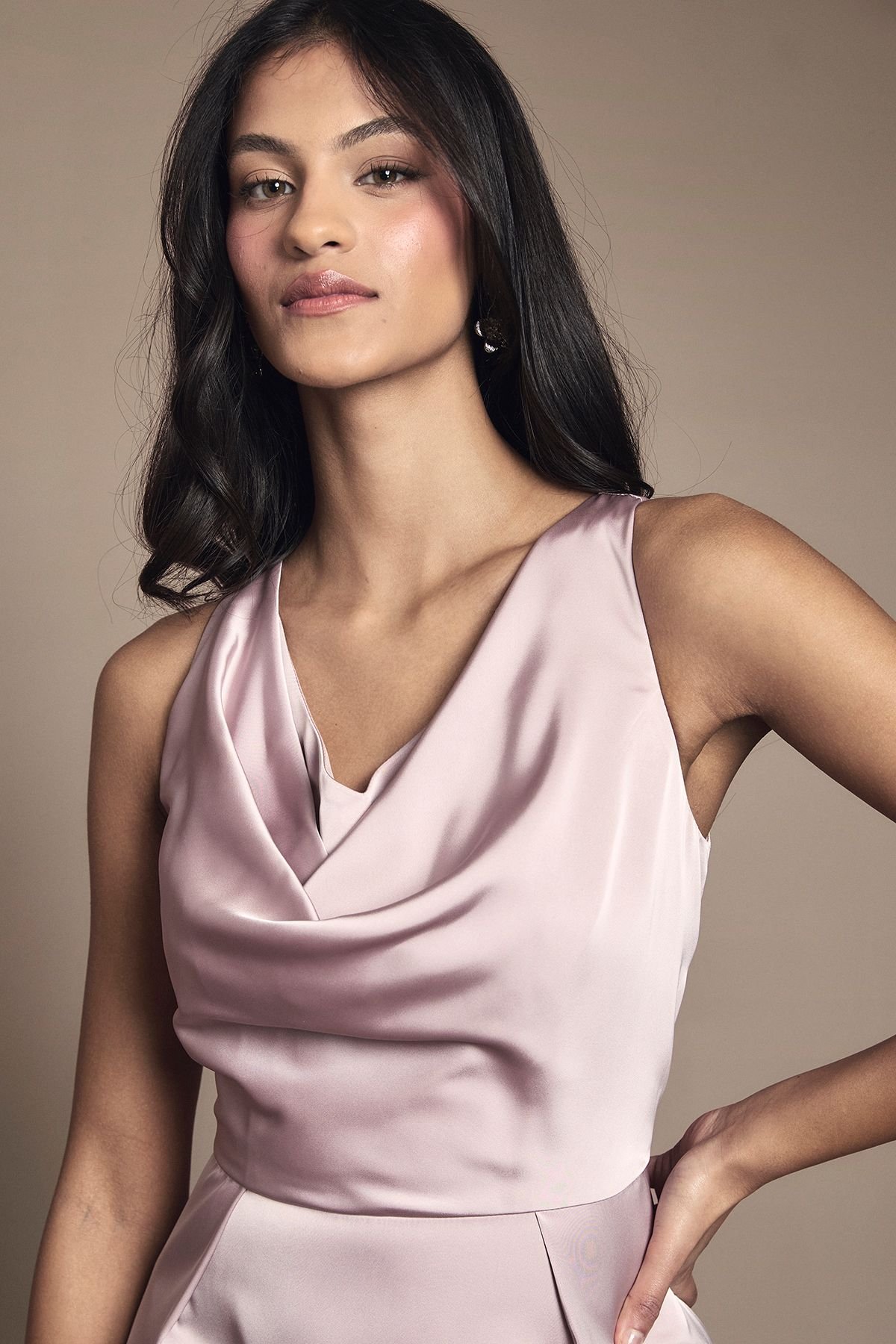 Coast Coast Women's Honoured Petite Sleeveless Cowl Neck Satin Maxi Bridesmaid Dress in Dusty Rose - 4