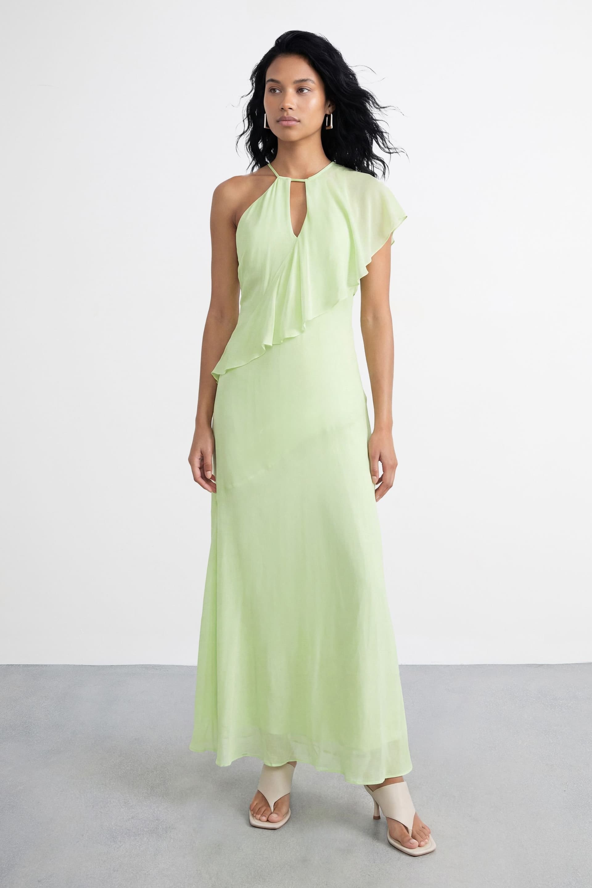 Warehouse Warehouse Women's One Shoulder Asymentric Ruffle Maxi Dress in Lime
