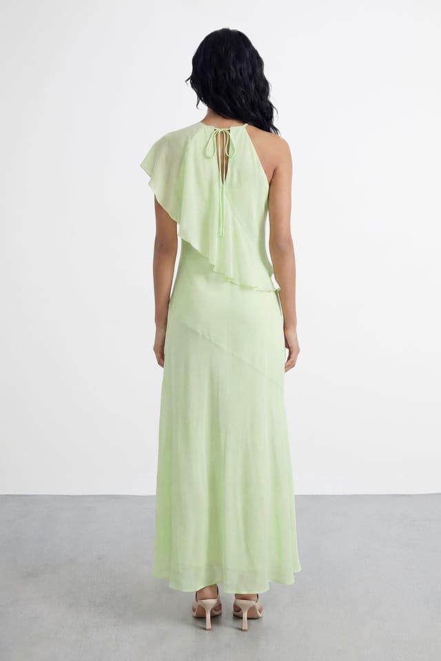Warehouse Warehouse Women's One Shoulder Asymentric Ruffle Maxi Dress in Lime - 3