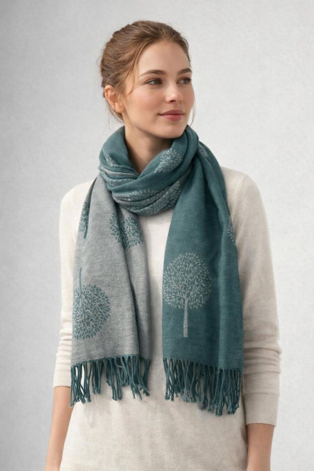 SVNX SVNX Women's Tree Print Cashmere Blend Scarf With Tassels in Green - 1