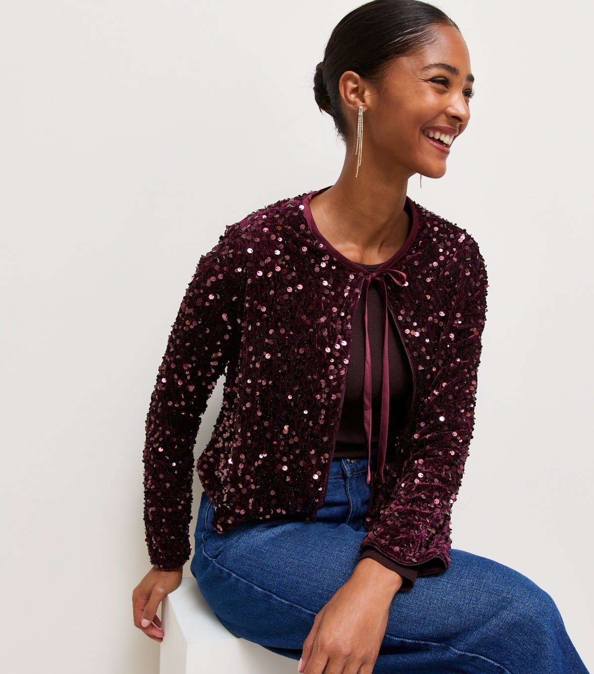 New Look Women's Dark Burgundy Sequin Front Tie Jacket New Look