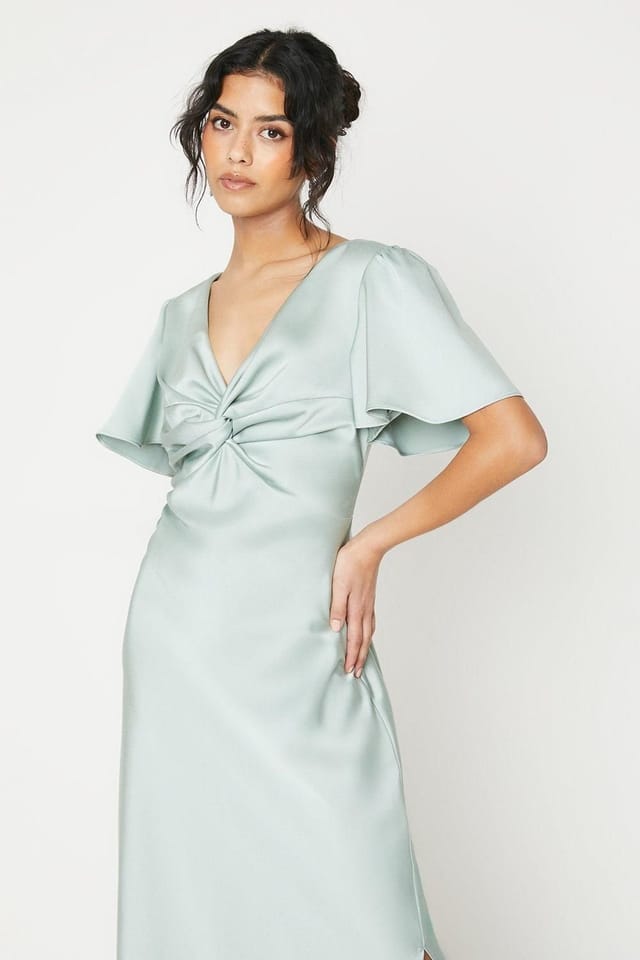 Oasis Oasis Women's Petite Satin Twist Angel Sleeve Midi Bridesmaid Dress in Sage - 2