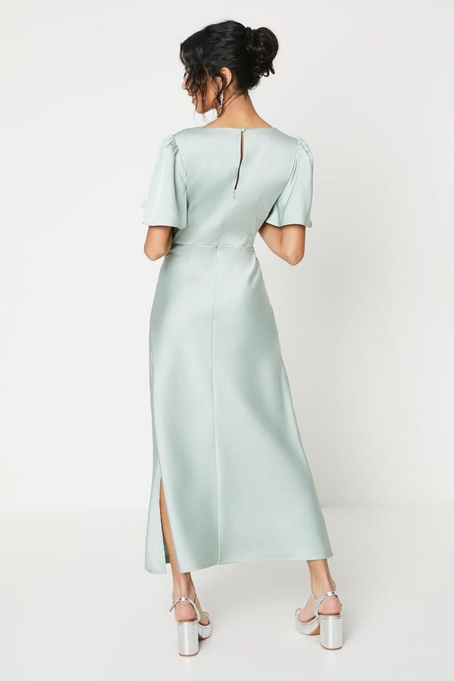 Oasis Oasis Women's Petite Satin Twist Angel Sleeve Midi Bridesmaid Dress in Sage - 3
