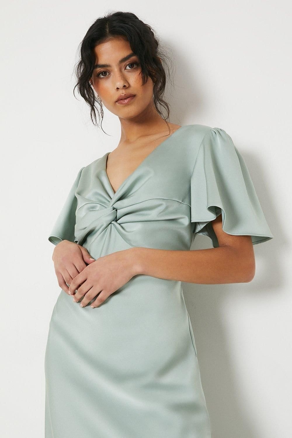 Oasis Oasis Women's Petite Satin Twist Angel Sleeve Midi Bridesmaid Dress in Sage - 4