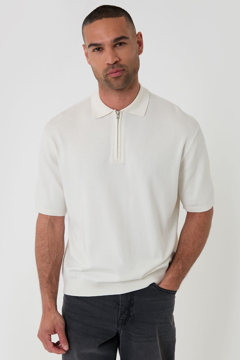 Threadbare threadbare Men's Relaxed Fit Knitted Quarter Zip Polo in Natural