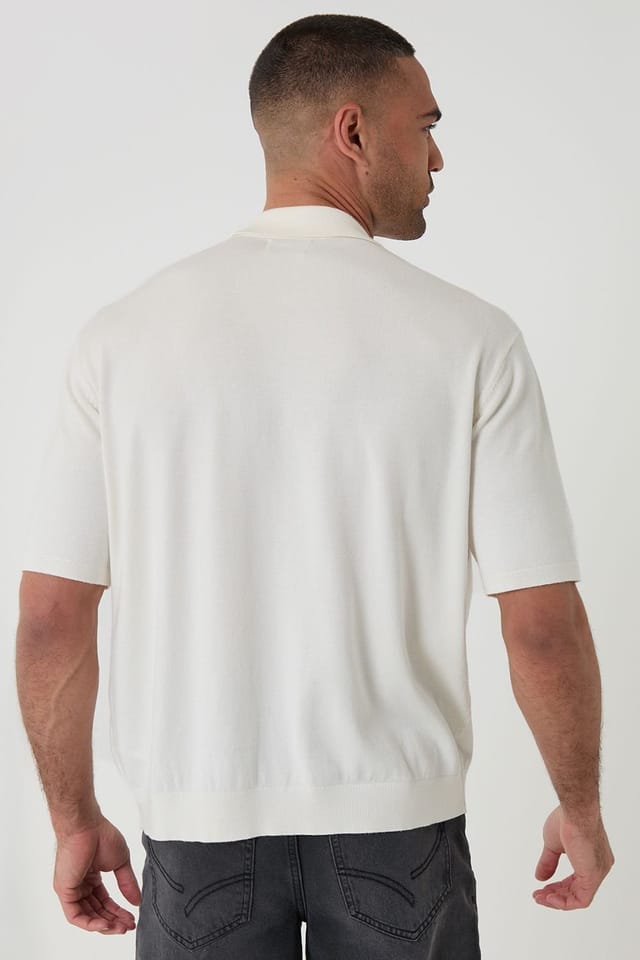 Threadbare threadbare Men's Relaxed Fit Knitted Quarter Zip Polo in Natural - 2