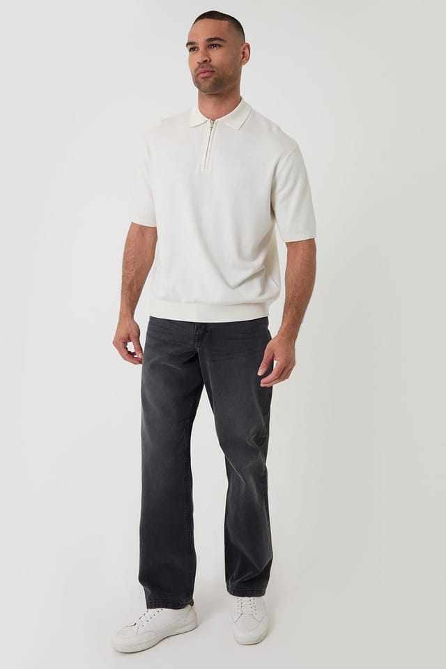 Threadbare threadbare Men's Relaxed Fit Knitted Quarter Zip Polo in Natural - 3