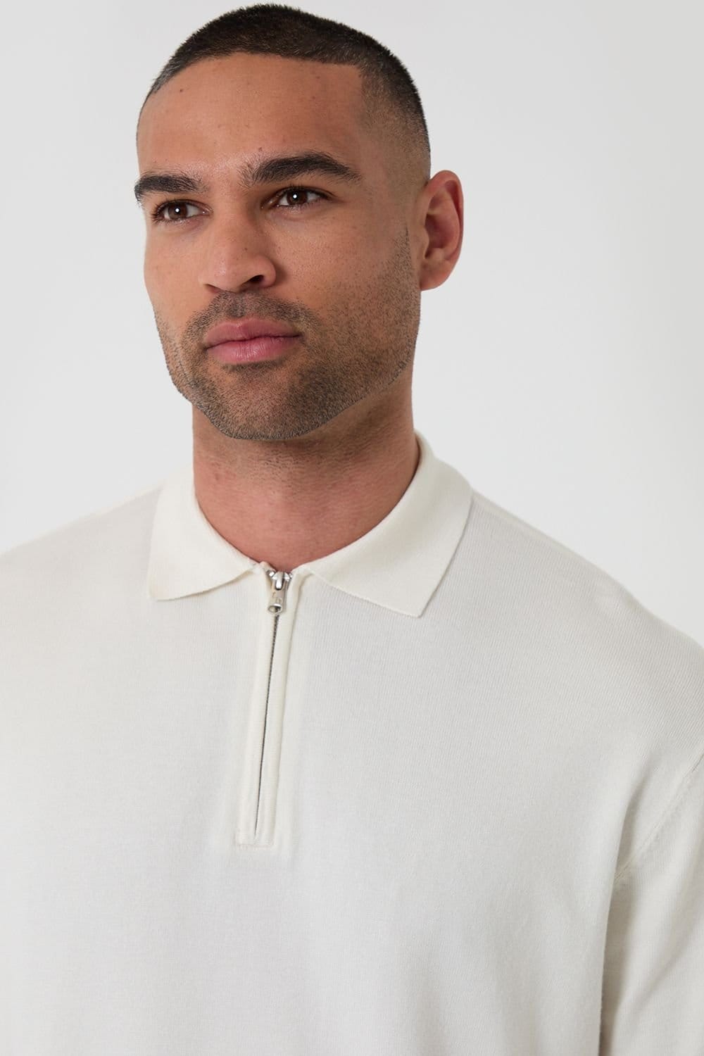 Threadbare threadbare Men's Relaxed Fit Knitted Quarter Zip Polo in Natural - 4