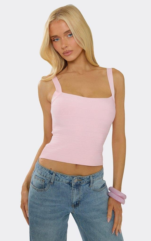 EGO Square Neck Vest Top In Pink Bandage, Women's Size UK 6 - 2