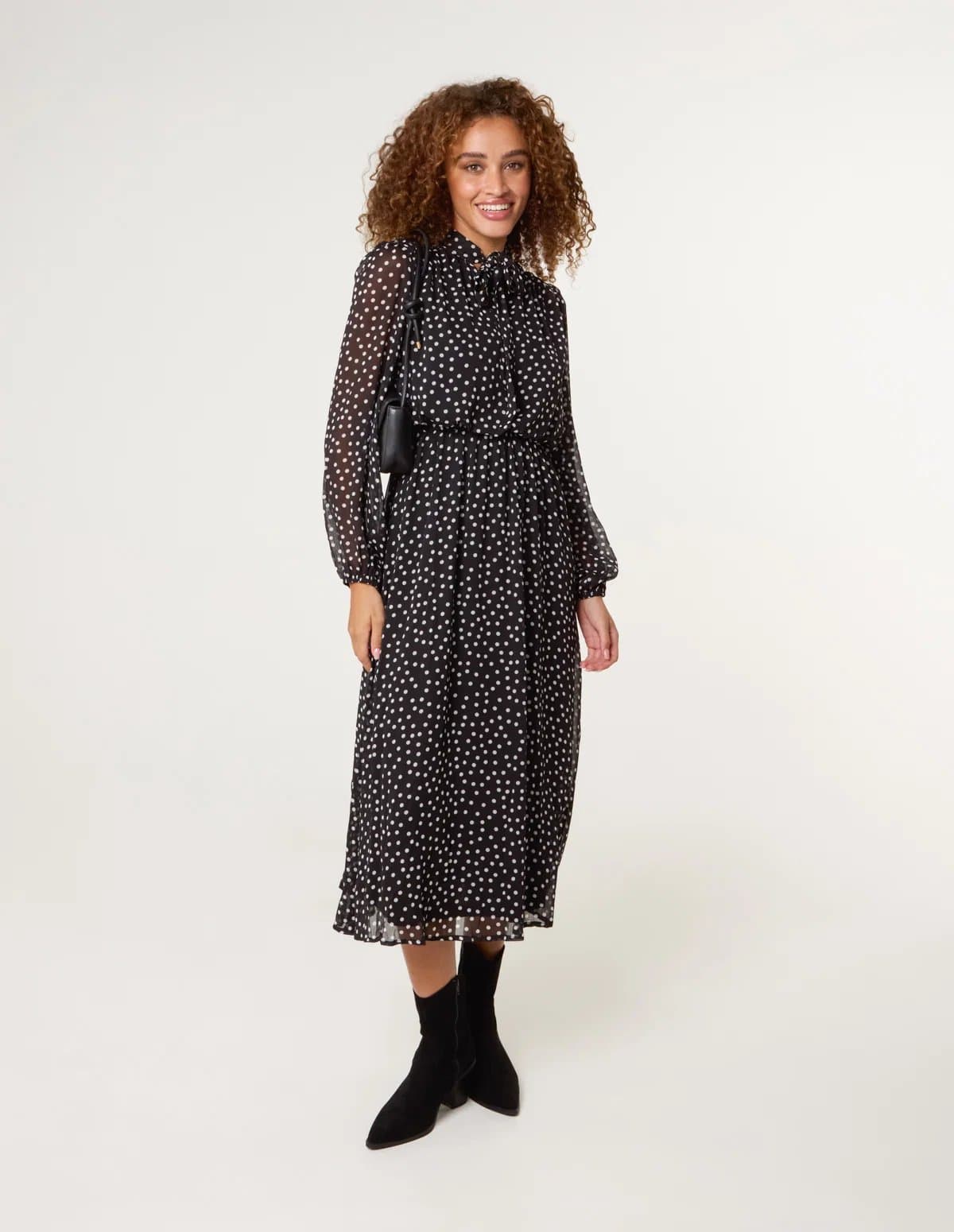Blue Vanilla Polka Dot Tie Neck Midi Dress